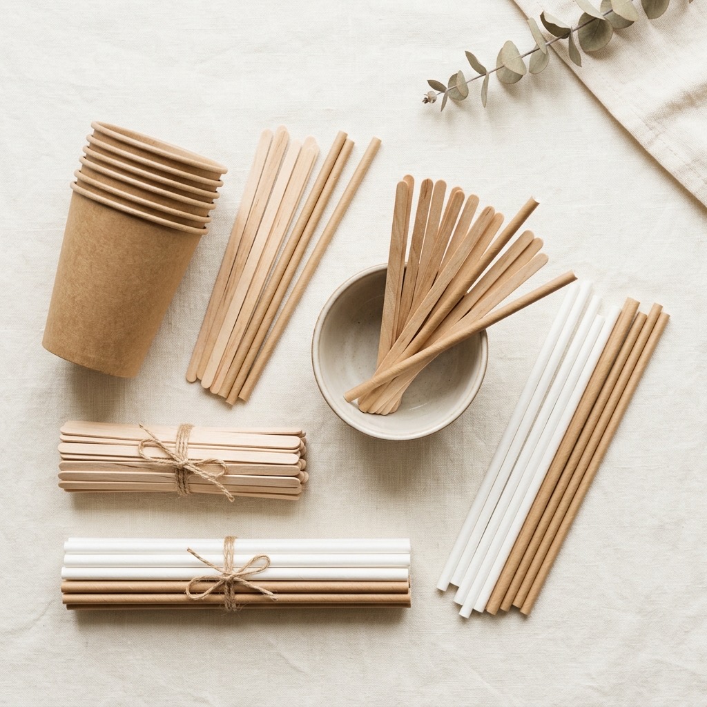 Birchwood utensils and paper cups
